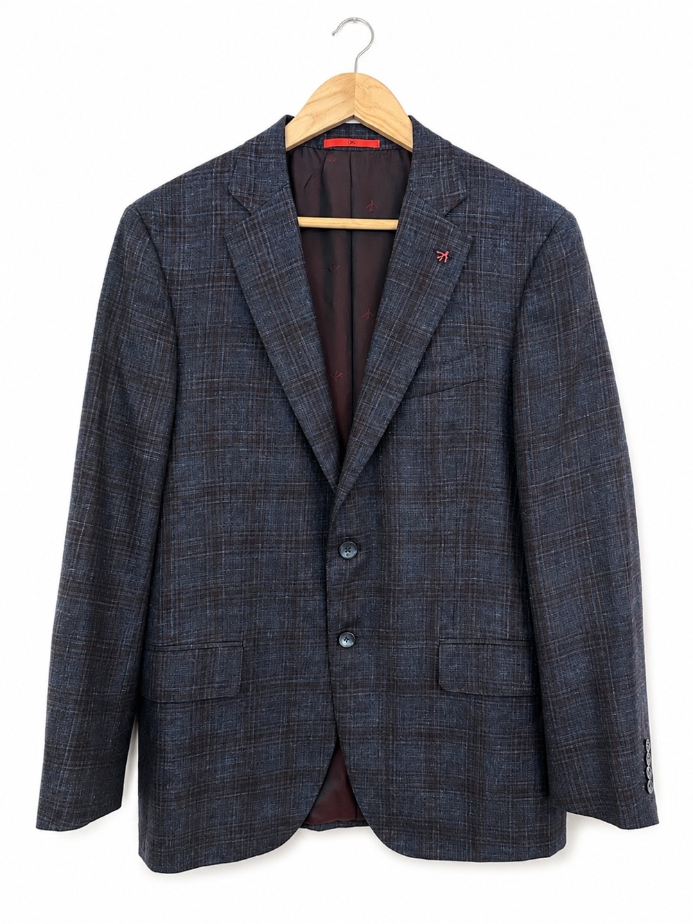 Isaia Napoli 52R Wool Silk Linen Windowpane Sport Coat Blue Plaid Italy 42R